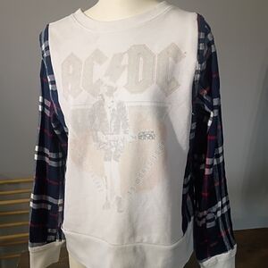 AC/DC White Crewneck Sweatshirt with Navy and Red Plaid Sleeves